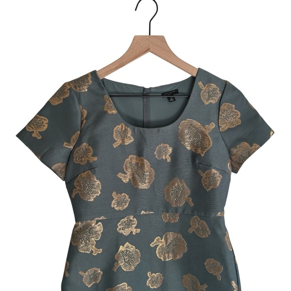 Ann Taylor Floral Gold Metallic Sheath Mini Dress Size 2P Party Cocktail Dressy - Picture 2 of 16